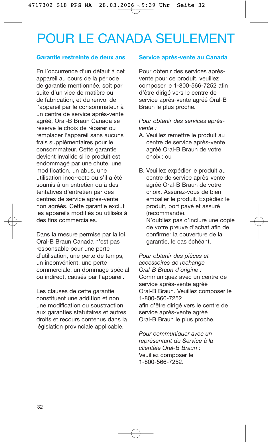 Pour le canada seulement | Braun Sonic complete Toothbrush User Manual | Page 31 / 33