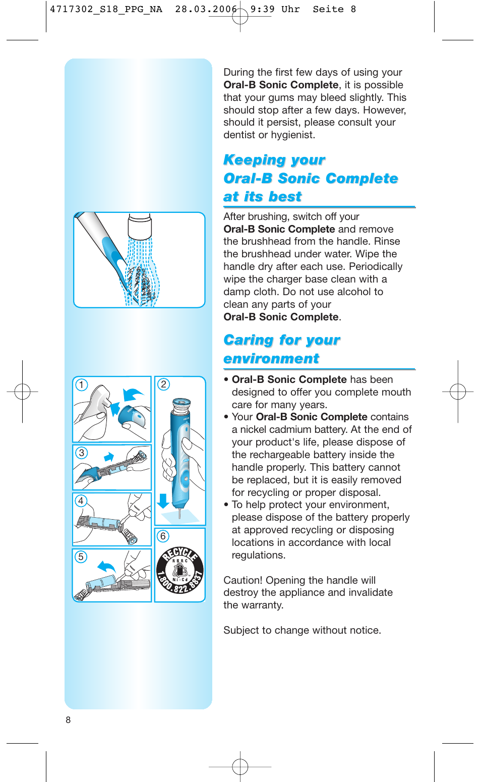 Caring for your, Caring for your envir envir onment onment, Keeping your | Braun Sonic complete Toothbrush User Manual | Page 7 / 33
