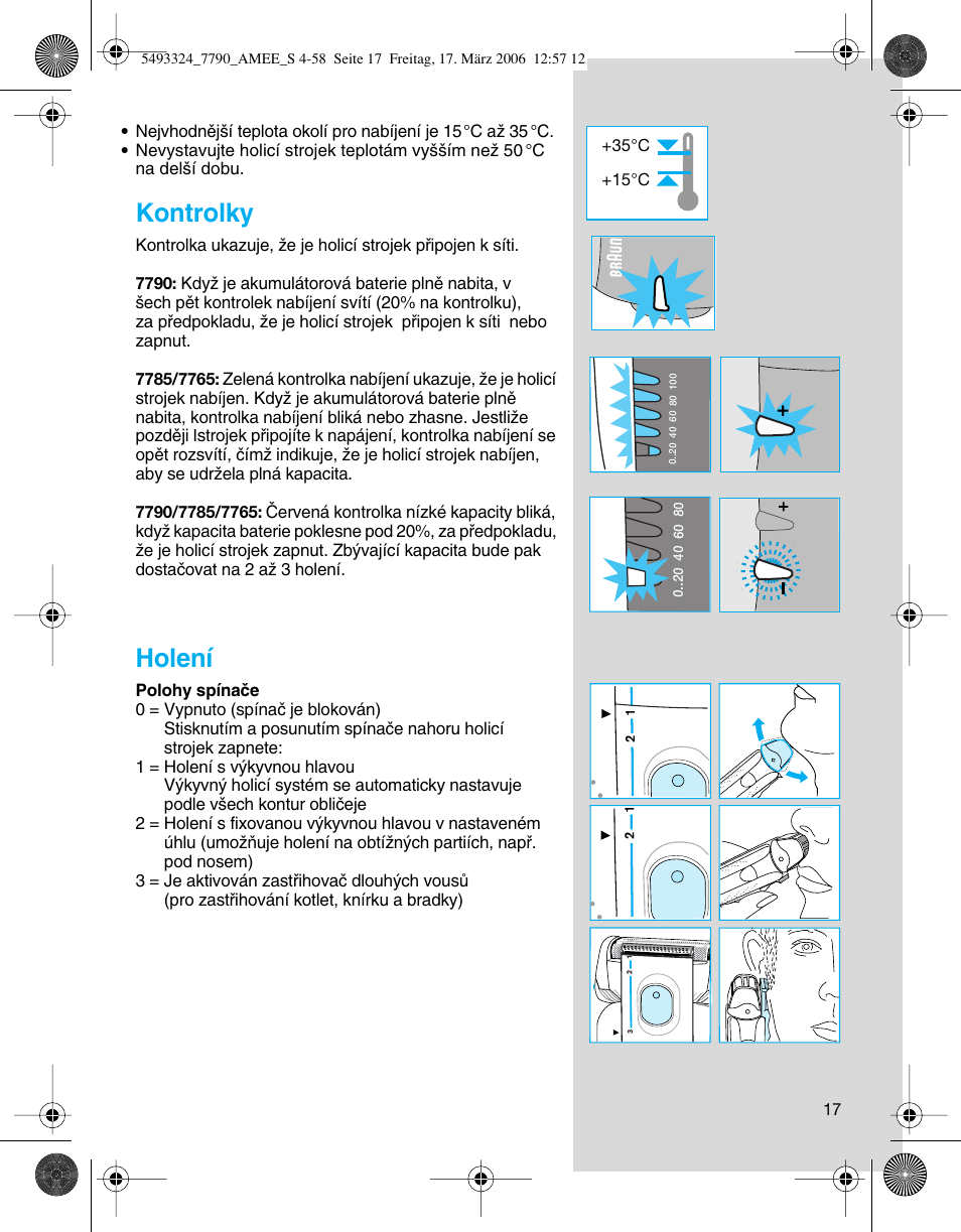 Kontrolky, Holení | Braun SYNCROPRO 5492 User Manual | Page 17 / 57