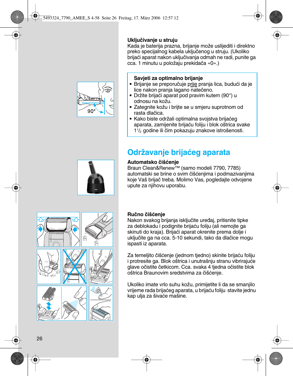 Odrïavanje brijaçeg aparata | Braun SYNCROPRO 5492 User Manual | Page 26 / 57