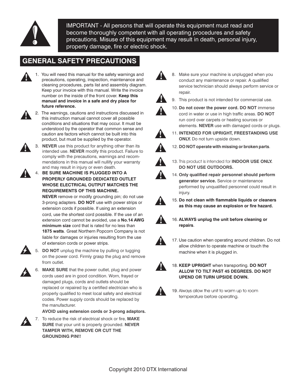 General safety precautions | Great Northern Popcorn 6058 Portable Ice Maker User Manual | Page 2 / 7