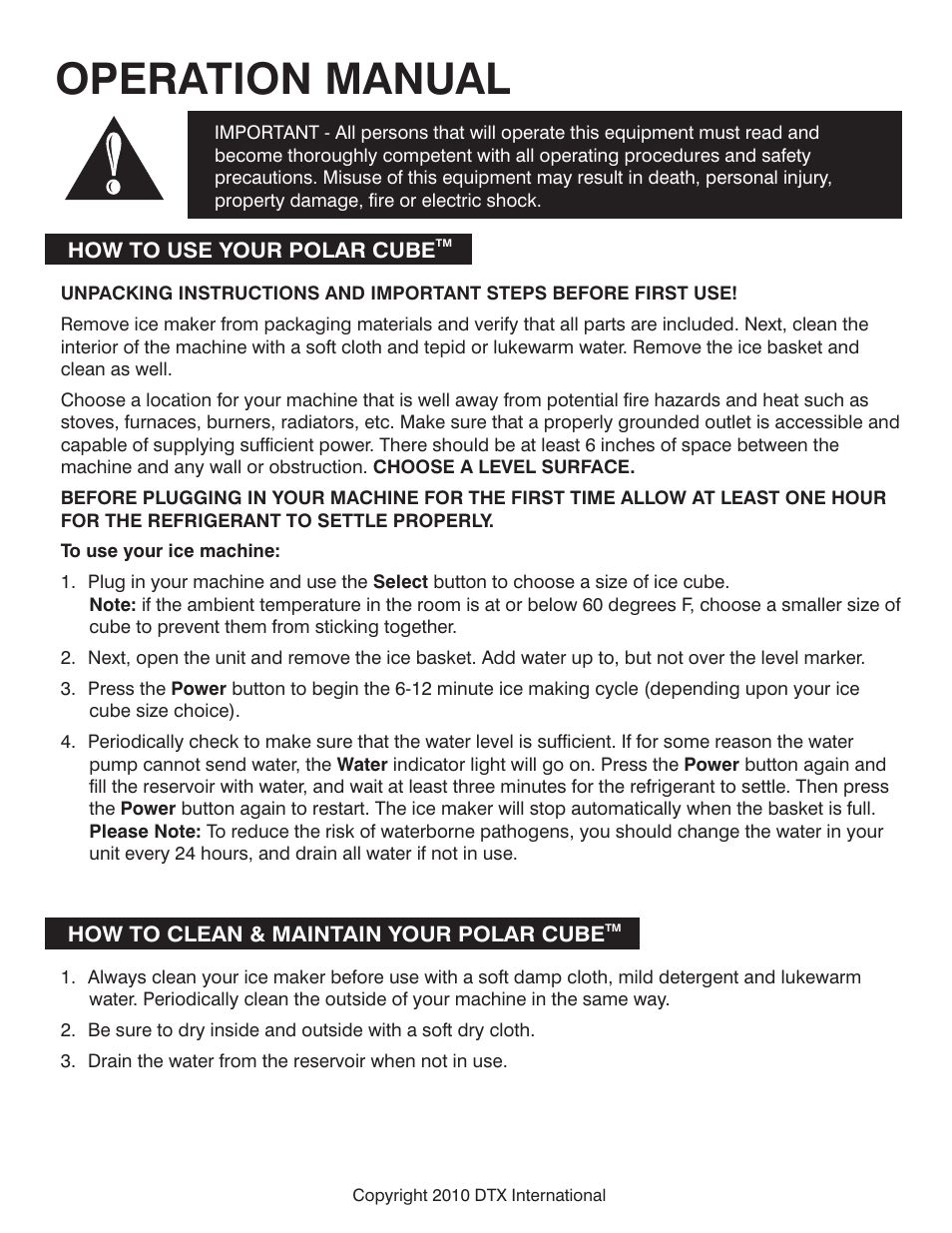 Operation manual | Great Northern Popcorn 6058 Portable Ice Maker User Manual | Page 4 / 7