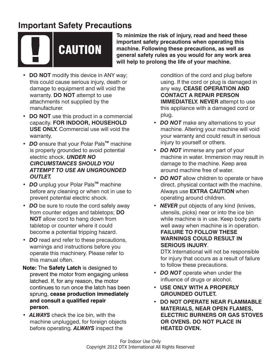 Caution, Important safety precautions | Great Northern Popcorn 6059 Polar Pal Shaver User Manual | Page 2 / 5