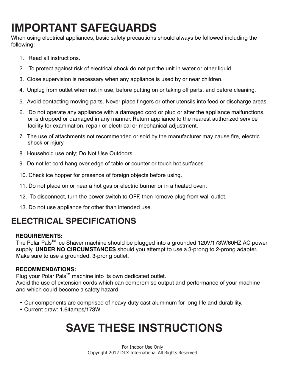 Important safeguards, Save these instructions, Electrical specifications | Great Northern Popcorn 6059 Polar Pal Shaver User Manual | Page 3 / 5