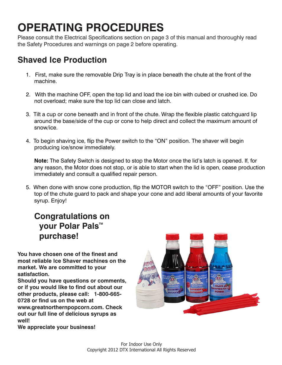 Operating procedures, Your polar pals purchase | Great Northern Popcorn 6059 Polar Pal Shaver User Manual | Page 5 / 5