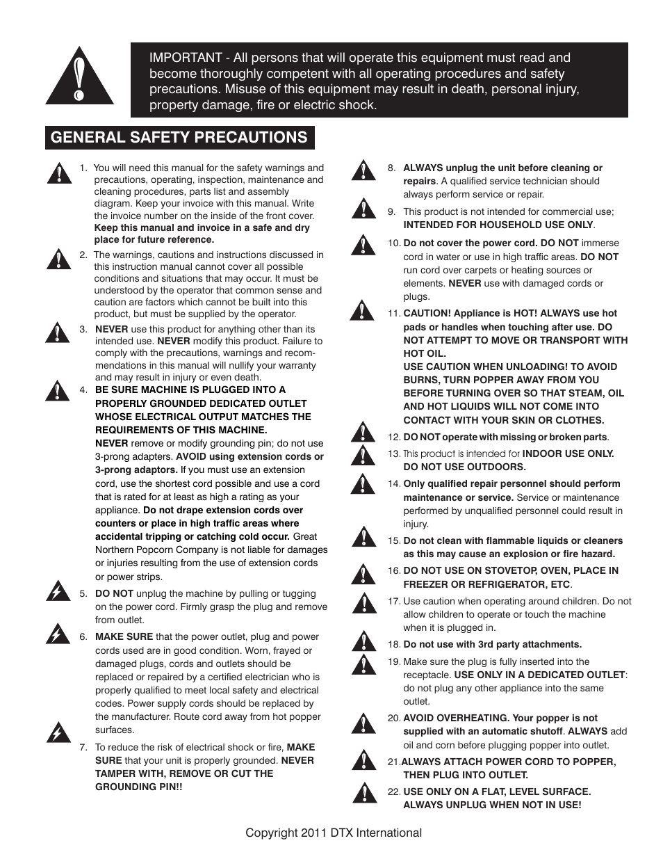 General safety precautions | Great Northern Popcorn 6255 Pop Frenzy User Manual | Page 2 / 6