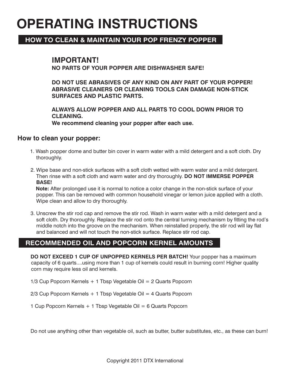 Operating instructions, Important | Great Northern Popcorn 6255 Pop Frenzy User Manual | Page 6 / 6