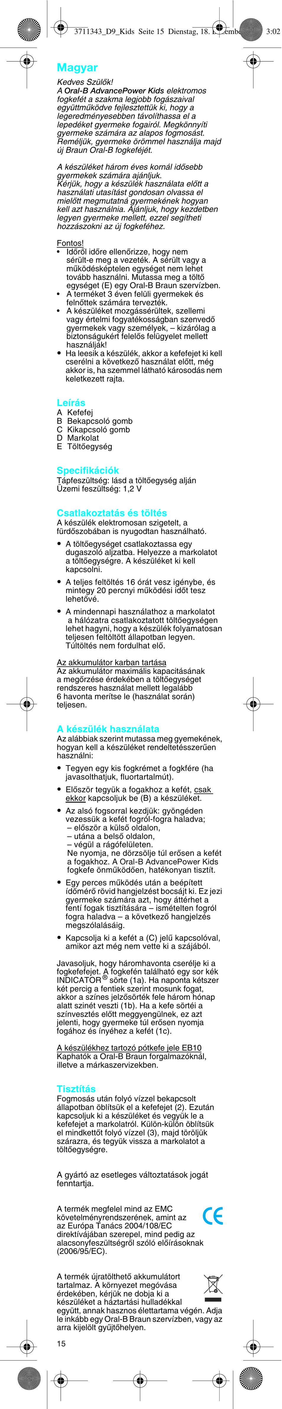 Magyar | Braun D 9513 K User Manual | Page 15 / 18