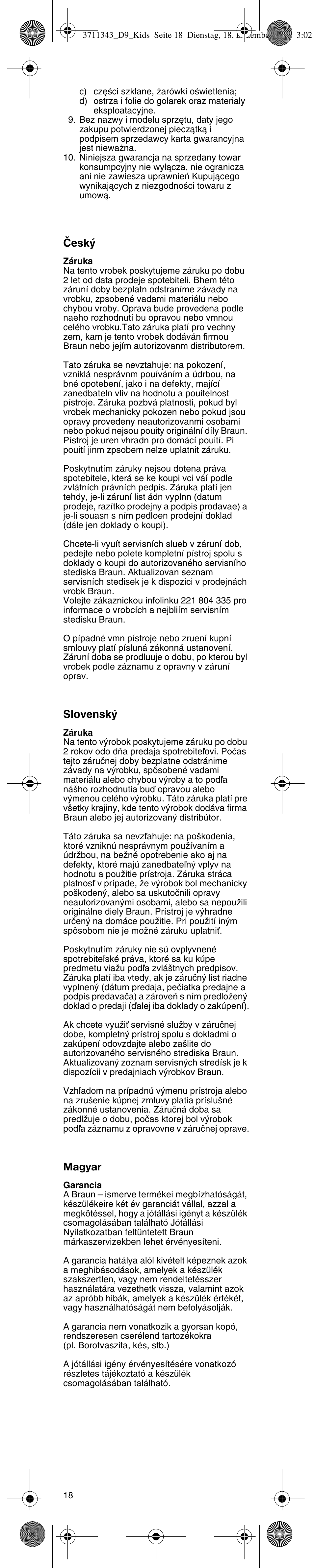 Âesk, Slovensk, Magyar | Braun D 9513 K User Manual | Page 18 / 18