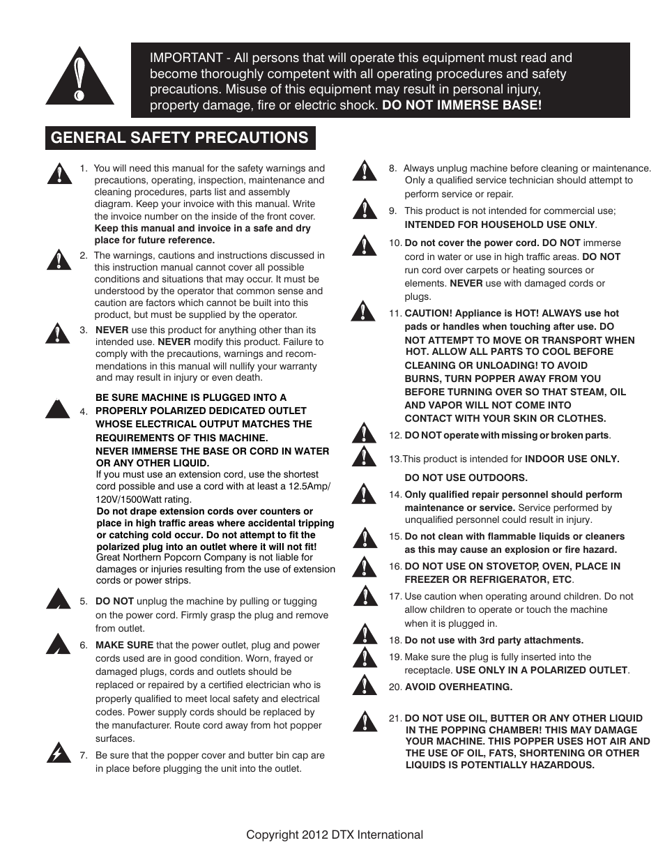 General safety precautions | Great Northern Popcorn 6258 Hot Air Poppers User Manual | Page 2 / 6