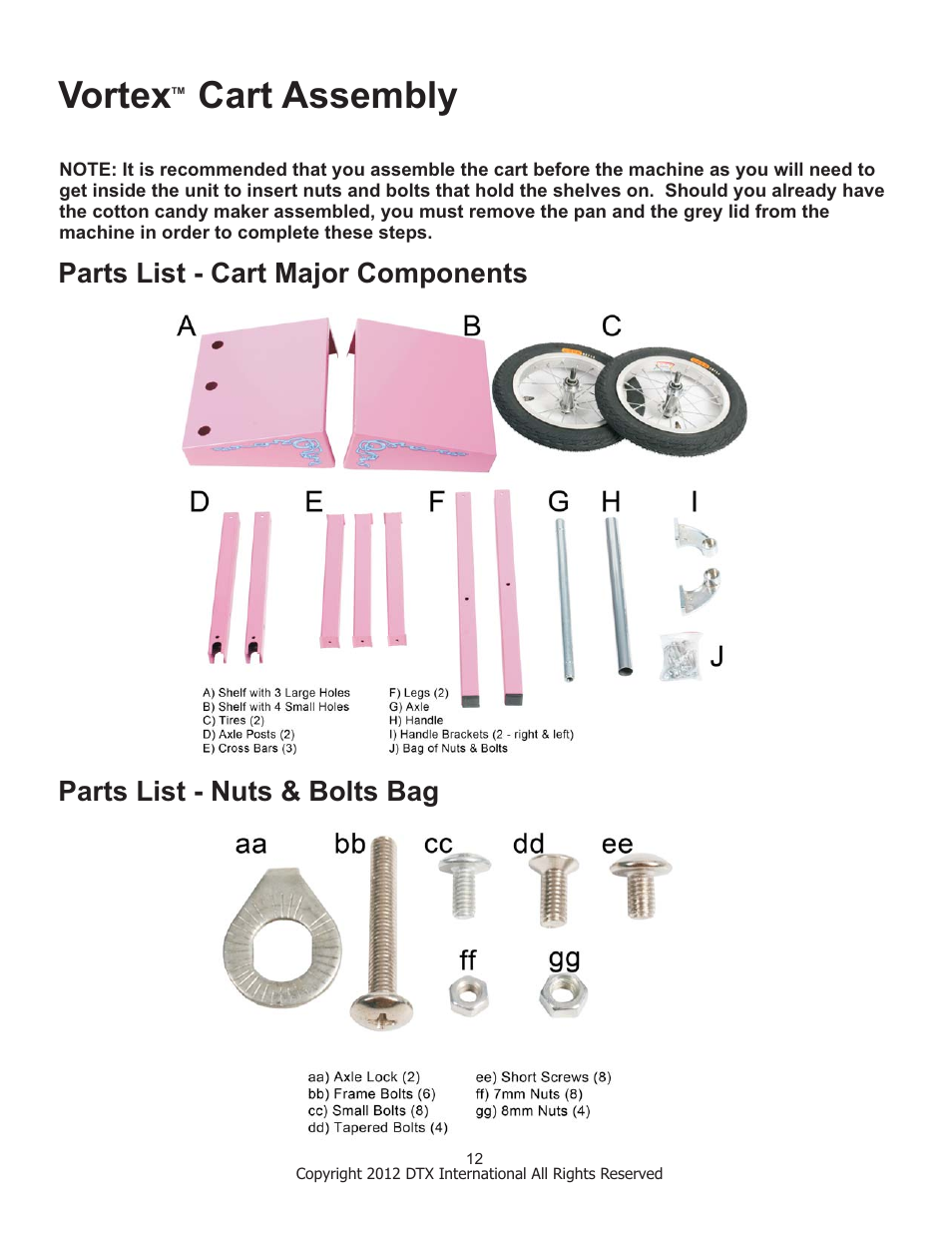 Vortex cart assembly | Great Northern Popcorn 6301 Vortex Cottaon Candy Machines User Manual | Page 12 / 16