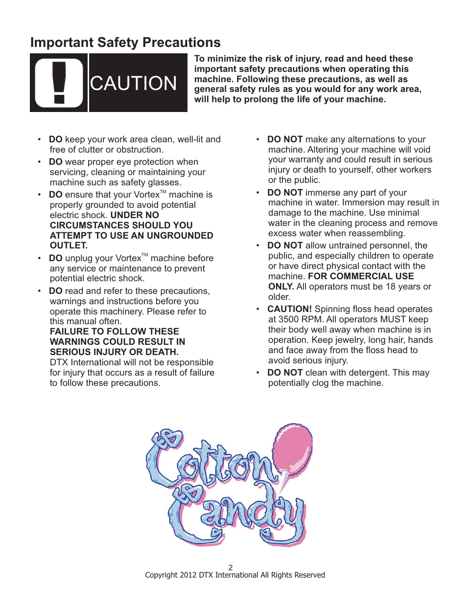 Caution, Important safety precautions | Great Northern Popcorn 6301 Vortex Cottaon Candy Machines User Manual | Page 2 / 16