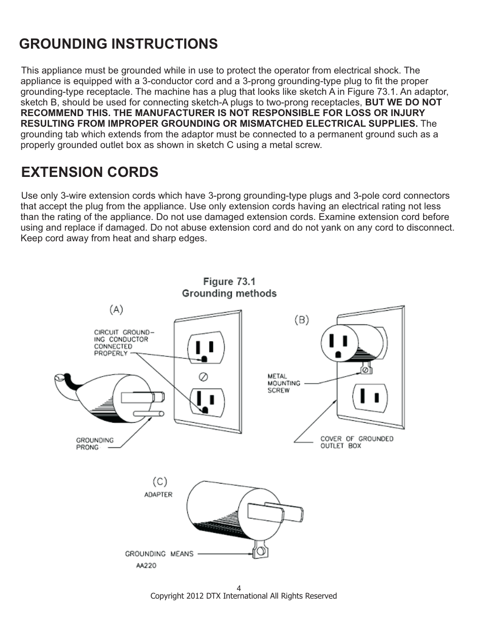 Grounding instructions extension cords | Great Northern Popcorn 6301 Vortex Cottaon Candy Machines User Manual | Page 4 / 16