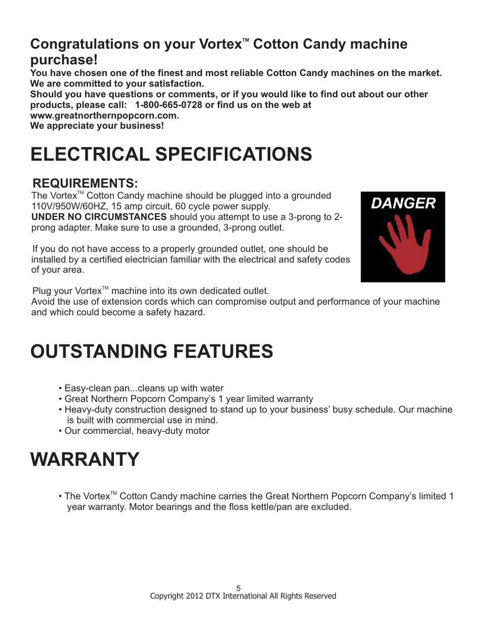 Electrical specifications warranty, Outstanding features, Requirements | Great Northern Popcorn 6301 Vortex Cottaon Candy Machines User Manual | Page 5 / 16