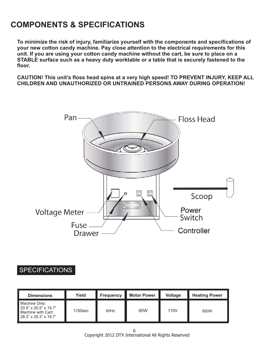 Components & specifications, Specifications | Great Northern Popcorn 6301 Vortex Cottaon Candy Machines User Manual | Page 6 / 16