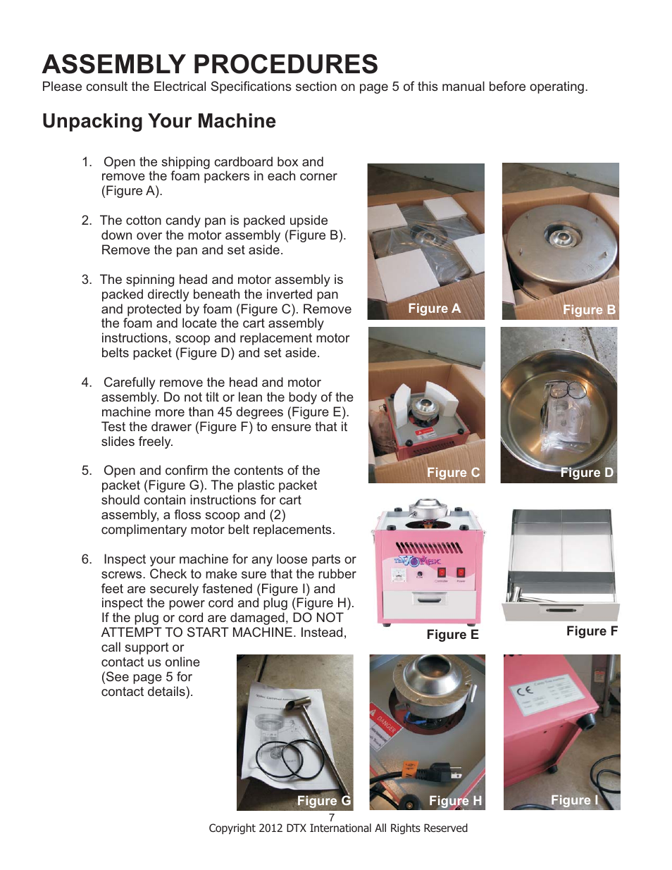 Assembly procedures, Unpacking your machine | Great Northern Popcorn 6301 Vortex Cottaon Candy Machines User Manual | Page 7 / 16