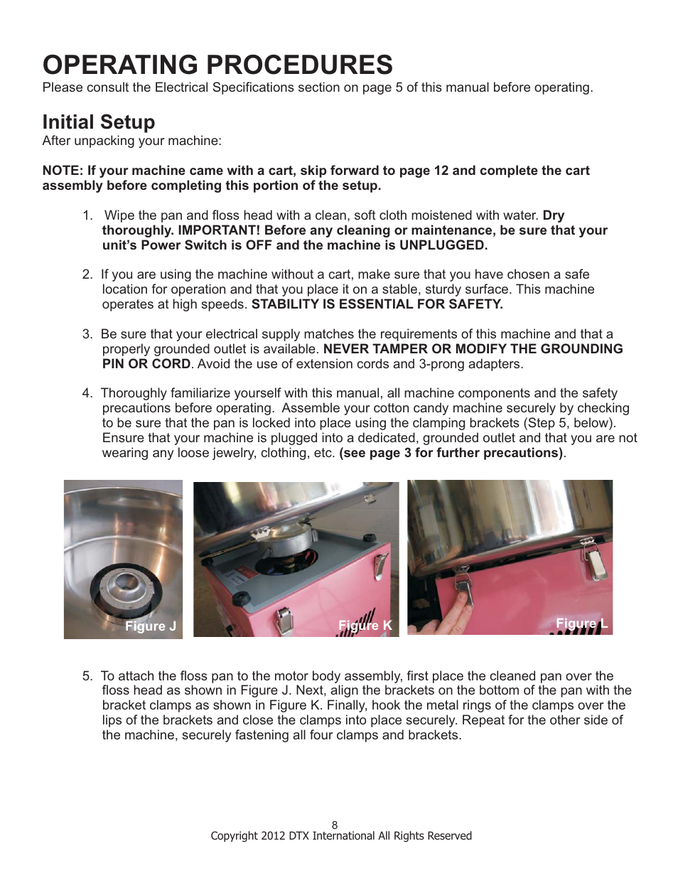 Operating procedures, Initial setup | Great Northern Popcorn 6301 Vortex Cottaon Candy Machines User Manual | Page 8 / 16