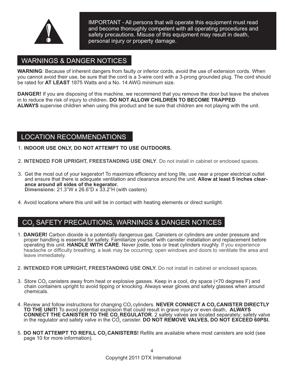 Warnings & danger notices, Csafety precautions, warnings & danger notices, Location recommendations | Great Northern Popcorn 7976 Frosty Keg Kegerators User Manual | Page 4 / 15