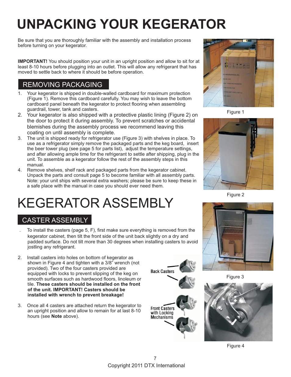 Unpacking your kegerator, Kegerator assembly, Removing packaging | Caster assembly | Great Northern Popcorn 7976 Frosty Keg Kegerators User Manual | Page 7 / 15