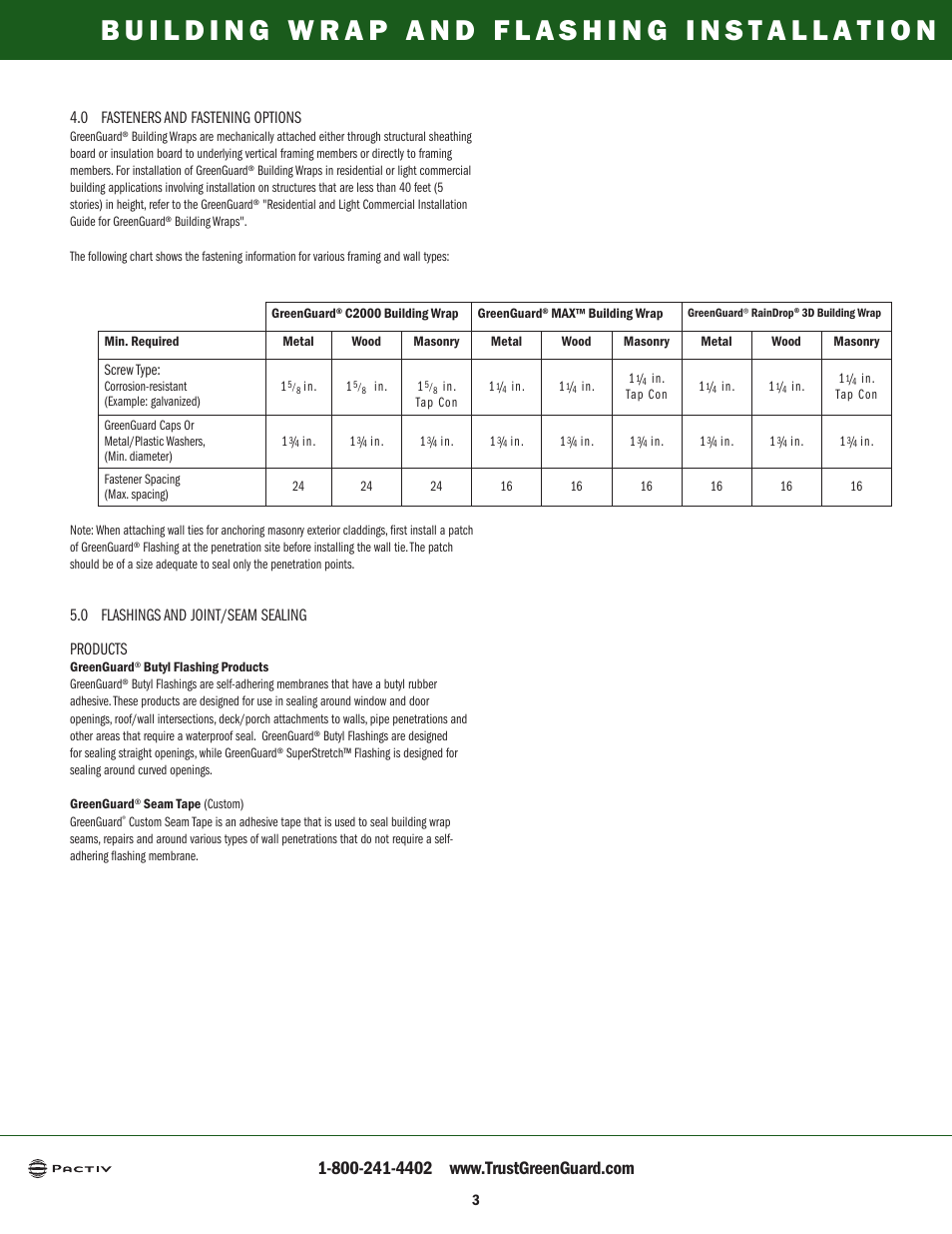 0 fasteners and fastening options, 0 flashings and joint/seam sealing products | GreenGuard Commercial Building Wraps User Manual | Page 4 / 16