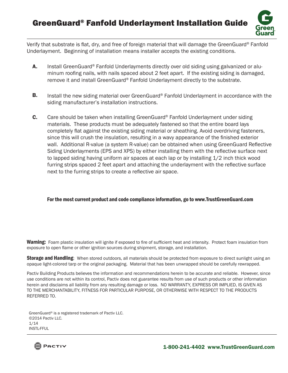 GreenGuard Fanfold Siding Underlayment User Manual | 1 page