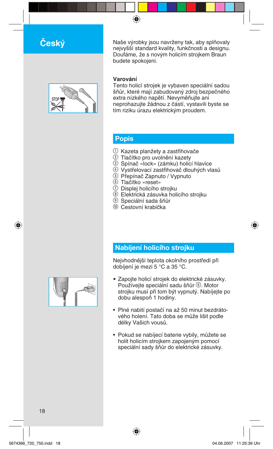 Âesk, Popis 1, Nabíjení holicího strojku | Braun 720 User Manual | Page 18 / 61