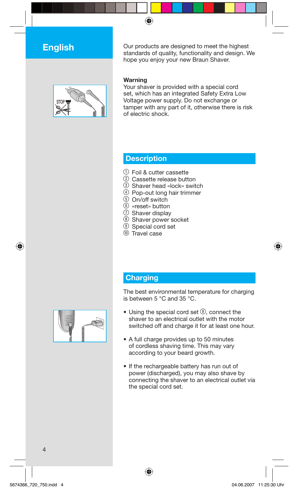 English, Description 1, Charging | Braun 720 User Manual | Page 4 / 61