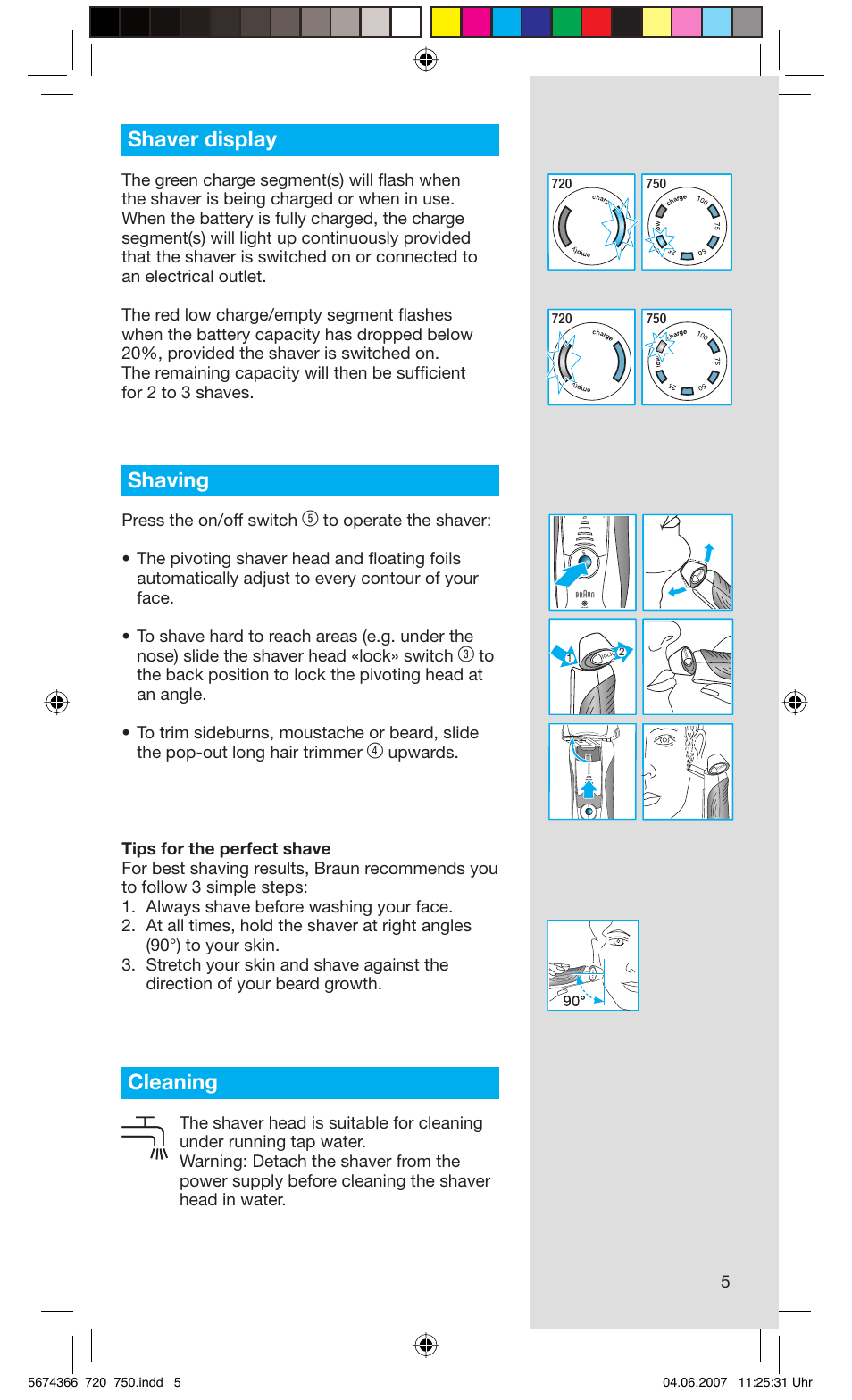 Shaver display, Shaving, Cleaning | Press the on/off switch | Braun 720 User Manual | Page 5 / 61