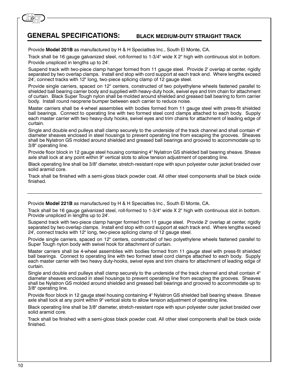 General specifications | H&H Specialties 200 Series Track Installation Instructions User Manual | Page 6 / 7