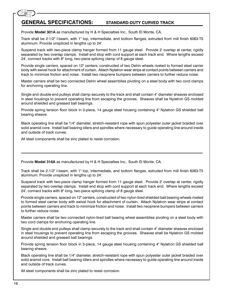 General specifications | H&H Specialties 300 Series Track Installation Instructions User Manual | Page 8 / 9
