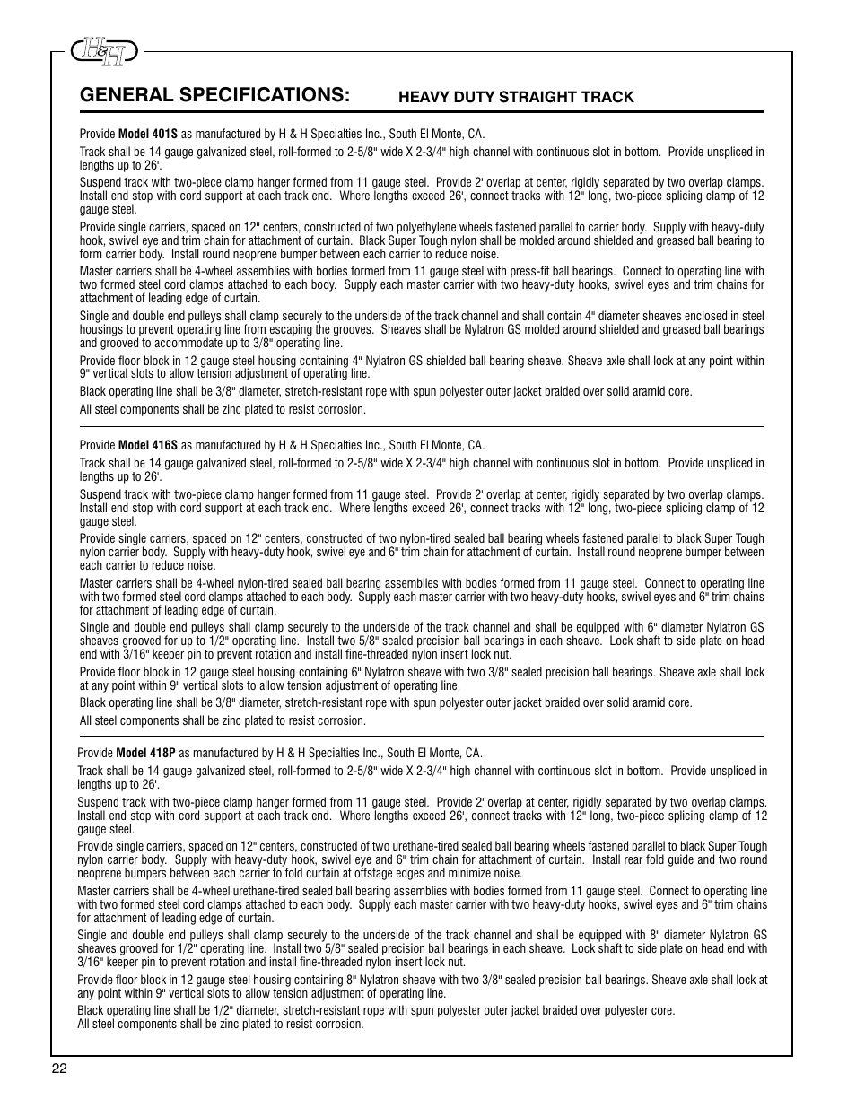 General specifications | H&H Specialties 400 Series Track Installation Instructions User Manual | Page 8 / 11