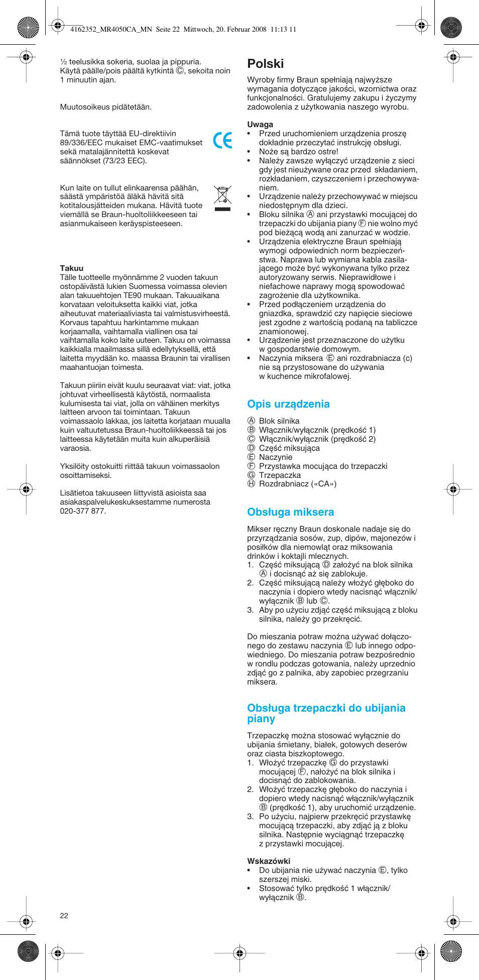 Polski, Opis urzàdzenia, Obs∏uga miksera | Obs∏uga trzepaczki do ubijania piany | Braun MR4050 CA User Manual | Page 21 / 36