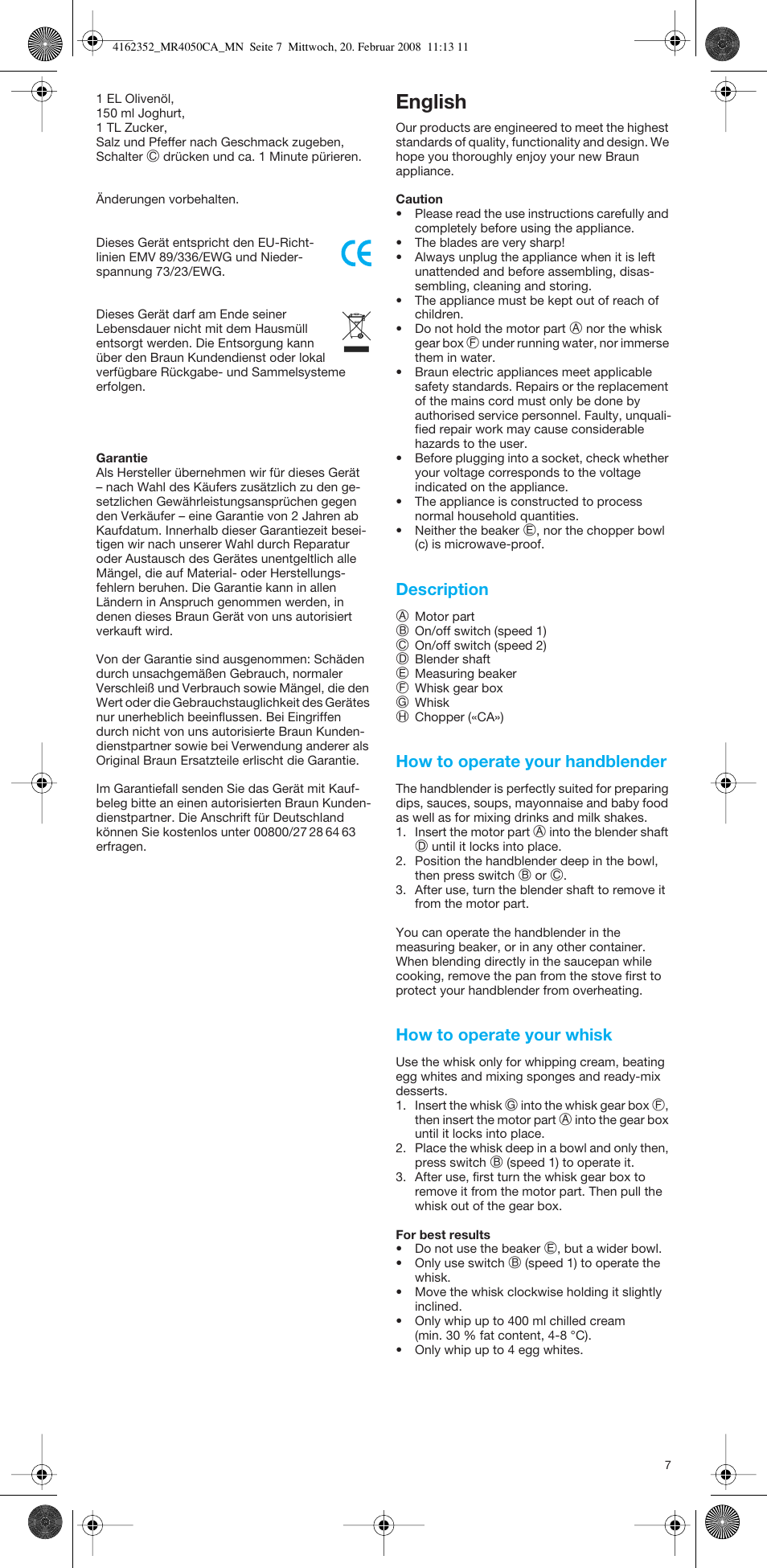 English, Description, How to operate your handblender | How to operate your whisk | Braun MR4050 CA User Manual | Page 6 / 36