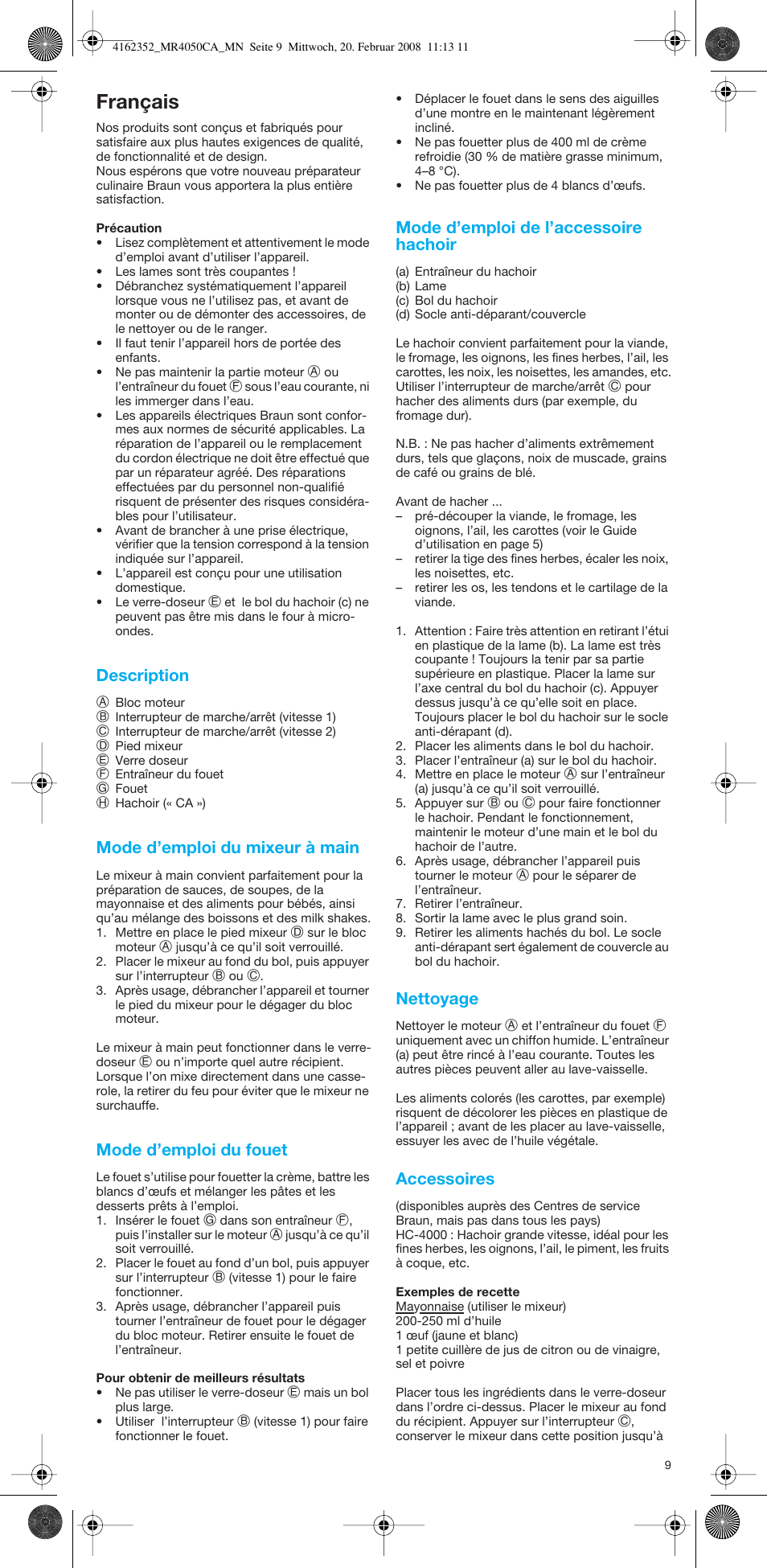 Français, Description, Mode d’emploi du mixeur à main | Mode d’emploi du fouet, Mode d’emploi de l’accessoire hachoir, Nettoyage, Accessoires | Braun MR4050 CA User Manual | Page 8 / 36