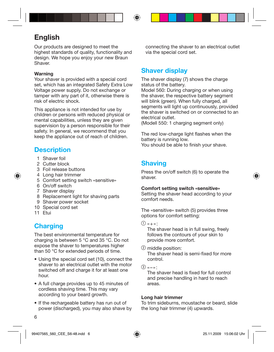 English, Description, Charging | Shaver display, Shaving | Braun 550 User Manual | Page 5 / 44