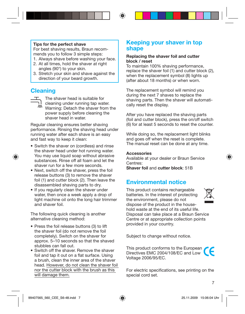 Cleaning, Keeping your shaver in top shape, Environmental notice | Braun 550 User Manual | Page 6 / 44