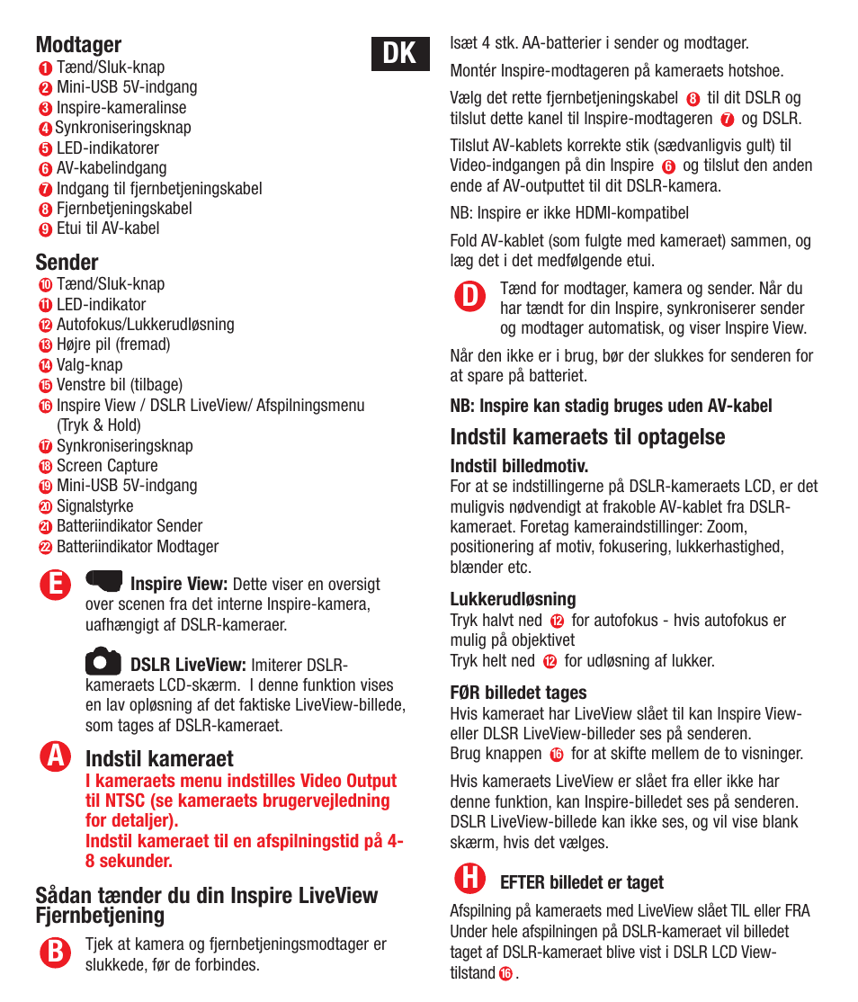 Ba e, Modtager, Sender | Indstil kameraet, Indstil kameraets til optagelse | Hahnel Inspire LiveView User Manual | Page 12 / 27