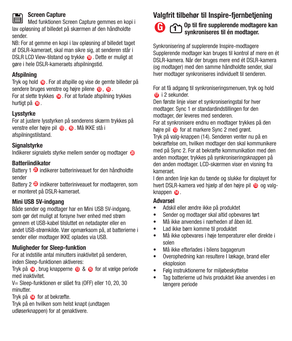 Valgfrit tilbehør til inspire-fjernbetjening | Hahnel Inspire LiveView User Manual | Page 13 / 27
