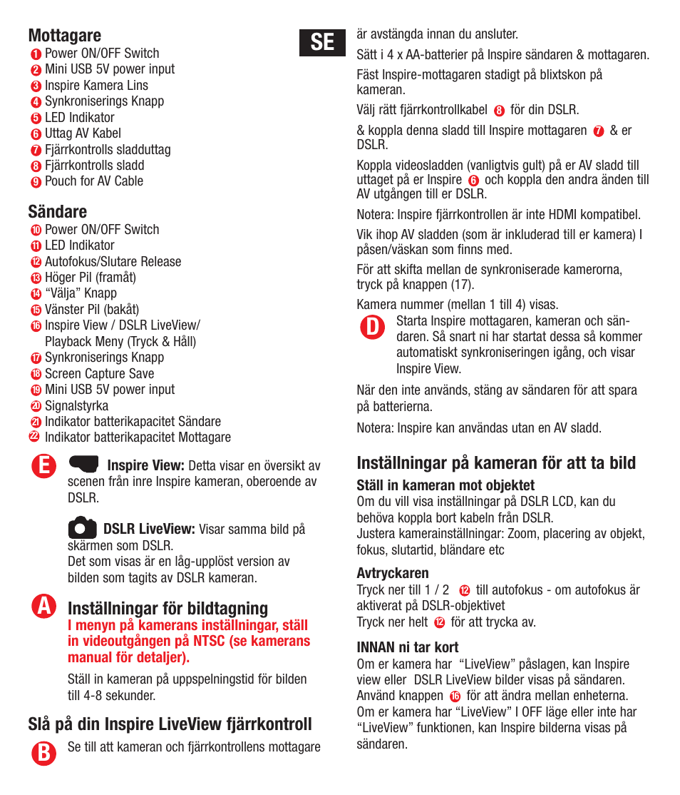 Ba e, Mottagare, Sändare | Inställningar för bildtagning, Slå på din inspire liveview fjärrkontroll, Inställningar på kameran för att ta bild | Hahnel Inspire LiveView User Manual | Page 20 / 27