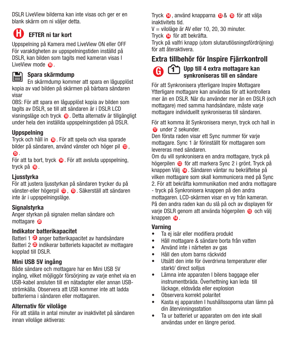 Extra tillbehör för inspire fjärrkontroll | Hahnel Inspire LiveView User Manual | Page 21 / 27