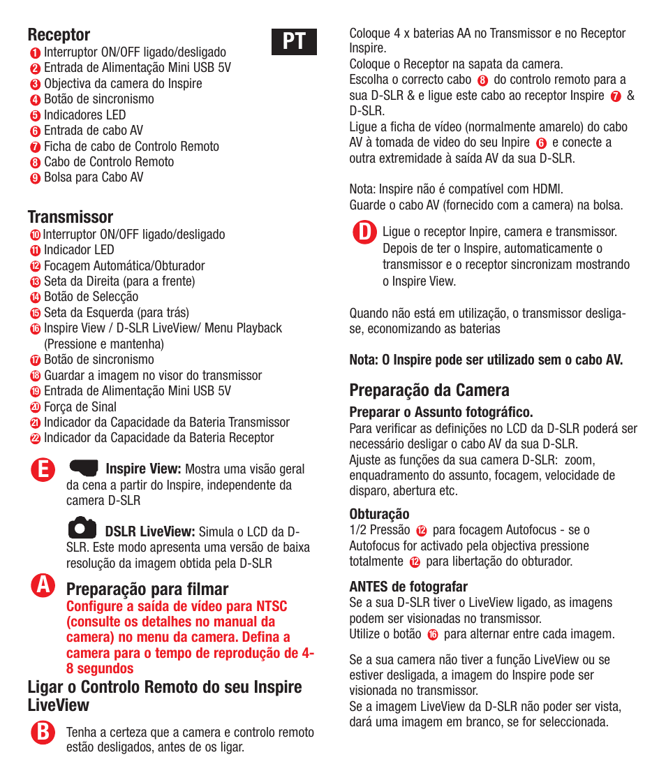 Ba e, Receptor, Transmissor | Preparação para filmar, Ligar o controlo remoto do seu inspire liveview, Preparação da camera | Hahnel Inspire LiveView User Manual | Page 26 / 27