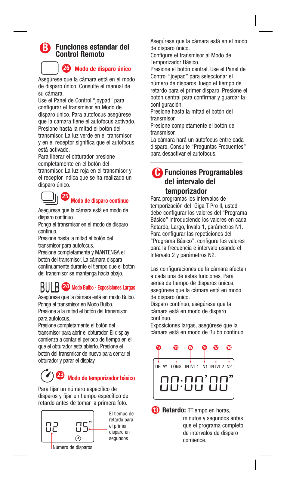 Funciones estandar del control remoto | Hahnel Giga T Pro II Wireless Timer Remote User Manual | Page 14 / 42