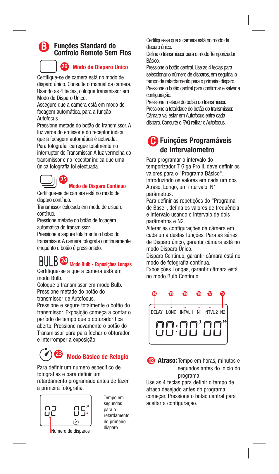 Funções standard do controlo remoto sem fios, Fuinções programáveis de intervalometro | Hahnel Giga T Pro II Wireless Timer Remote User Manual | Page 17 / 42