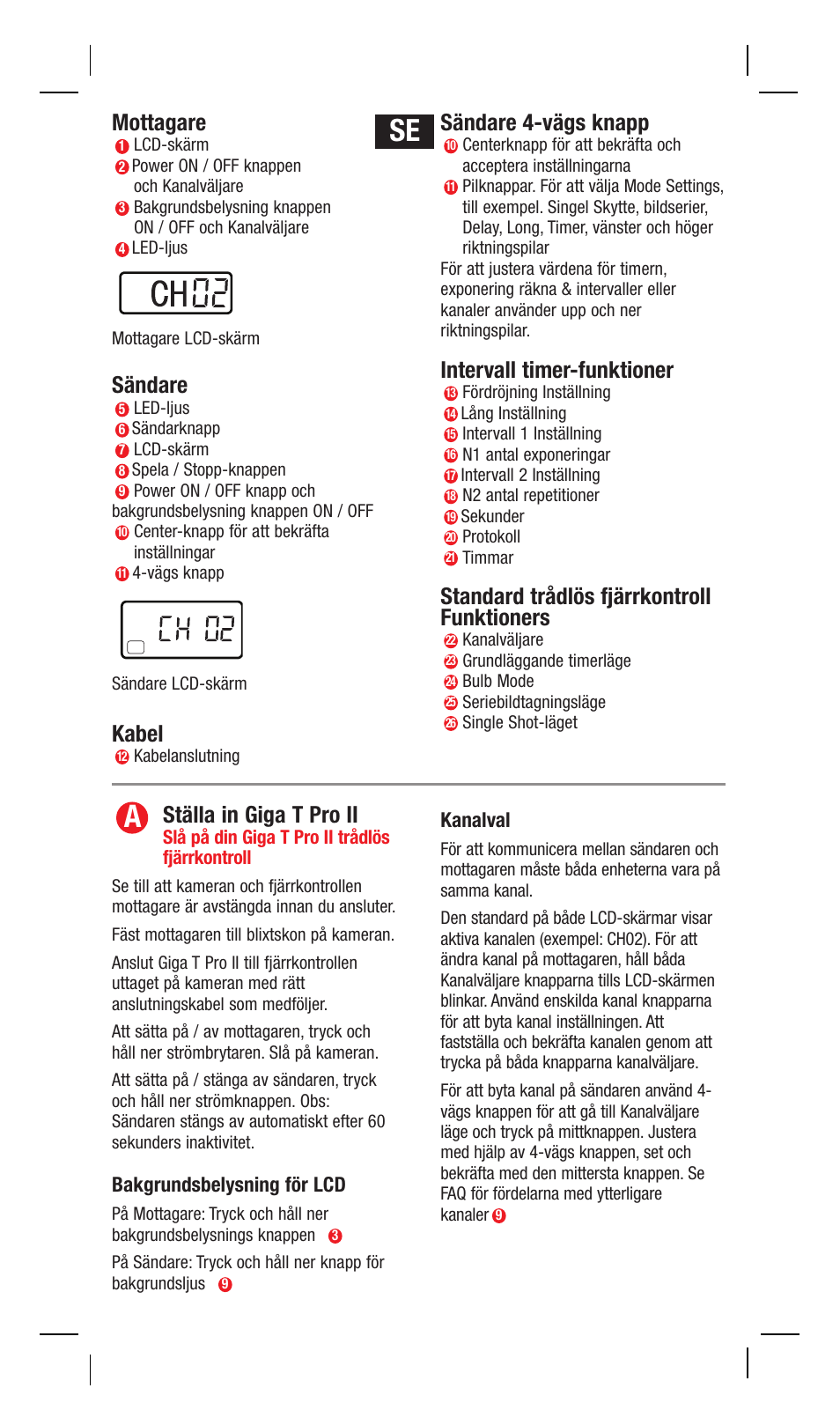 Ställa in giga t pro ii, Mottagare, Sändare | Kabel, Sändare 4-vägs knapp, Intervall timer-funktioner, Standard trådlös fjärrkontroll funktioners, Bakgrundsbelysning för lcd, Kanalval | Hahnel Giga T Pro II Wireless Timer Remote User Manual | Page 19 / 42