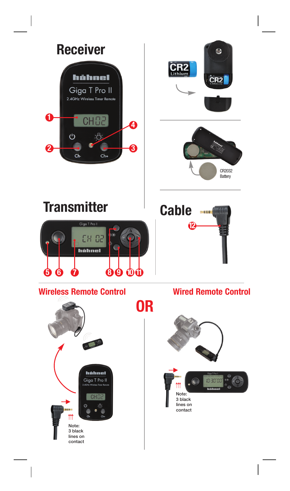 Receiver transmitter, Cable, Wireless remote control wired remote control | Hahnel Giga T Pro II Wireless Timer Remote User Manual | Page 2 / 42
