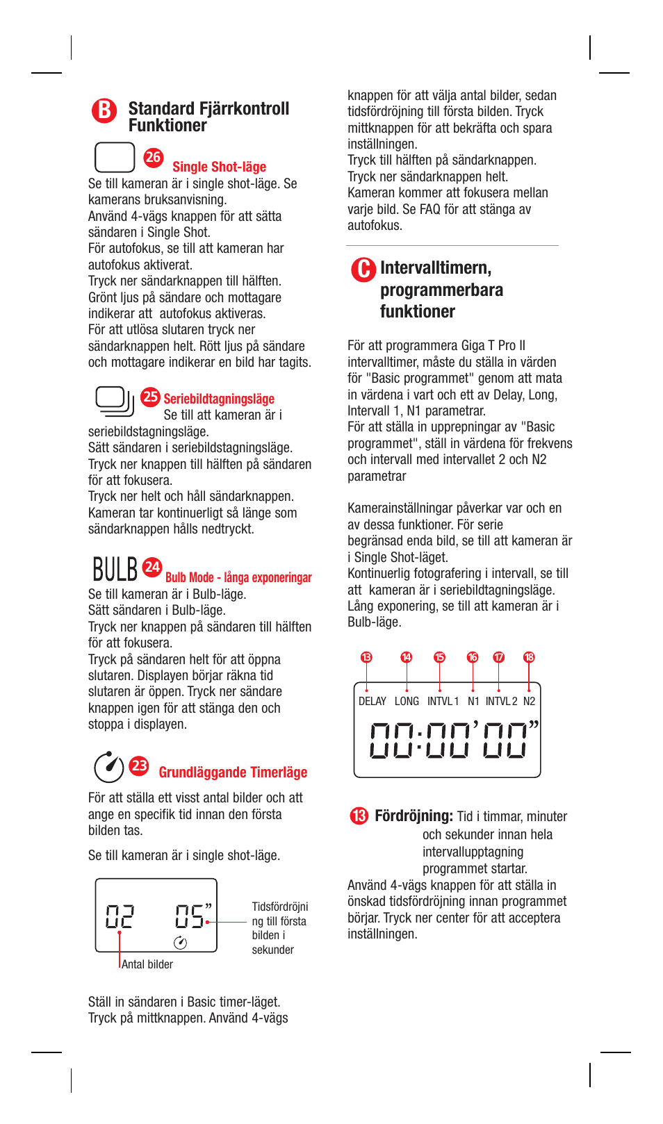 Standard fjärrkontroll funktioner, Intervalltimern, programmerbara funktioner | Hahnel Giga T Pro II Wireless Timer Remote User Manual | Page 20 / 42