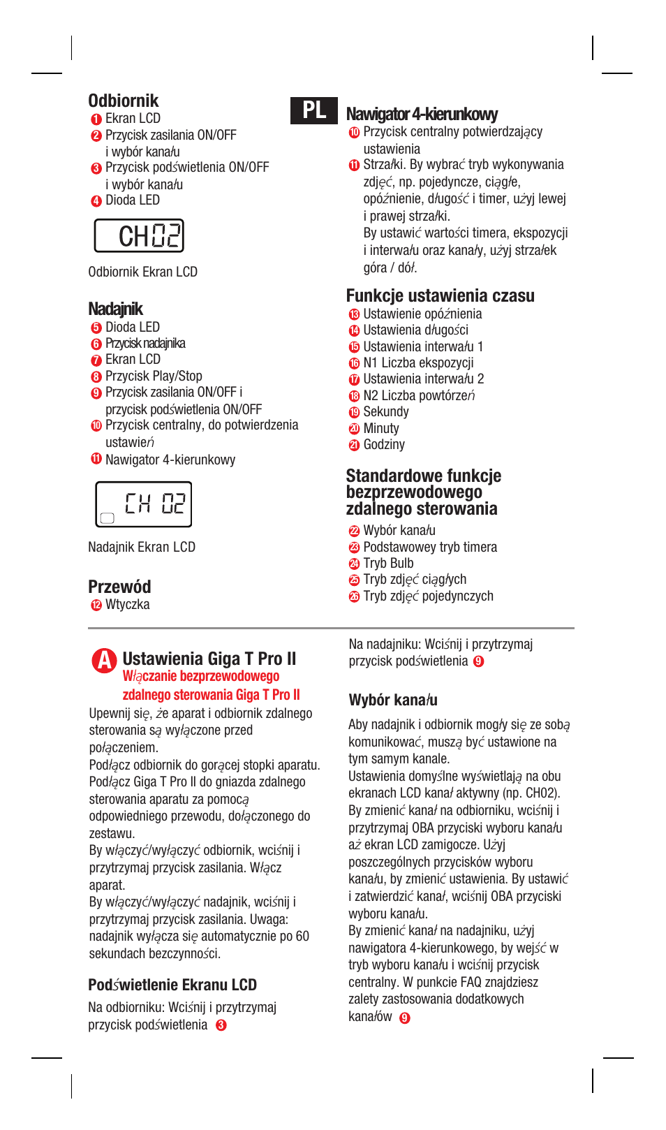 Odbiornik, Nadajnik, Przewód | Nawigator 4-kierunkowy, Funkcje ustawienia czasu, Ustawienia giga t pro ii | Hahnel Giga T Pro II Wireless Timer Remote User Manual | Page 22 / 42