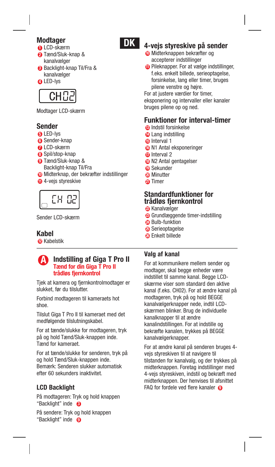 Modtager, Sender, Kabel | Vejs styreskive på sender, Funktioner for interval-timer, Standardfunktioner for trådløs fjernkontrol, Indstilling af giga t pro ii, Lcd backlight, Valg af kanal | Hahnel Giga T Pro II Wireless Timer Remote User Manual | Page 25 / 42