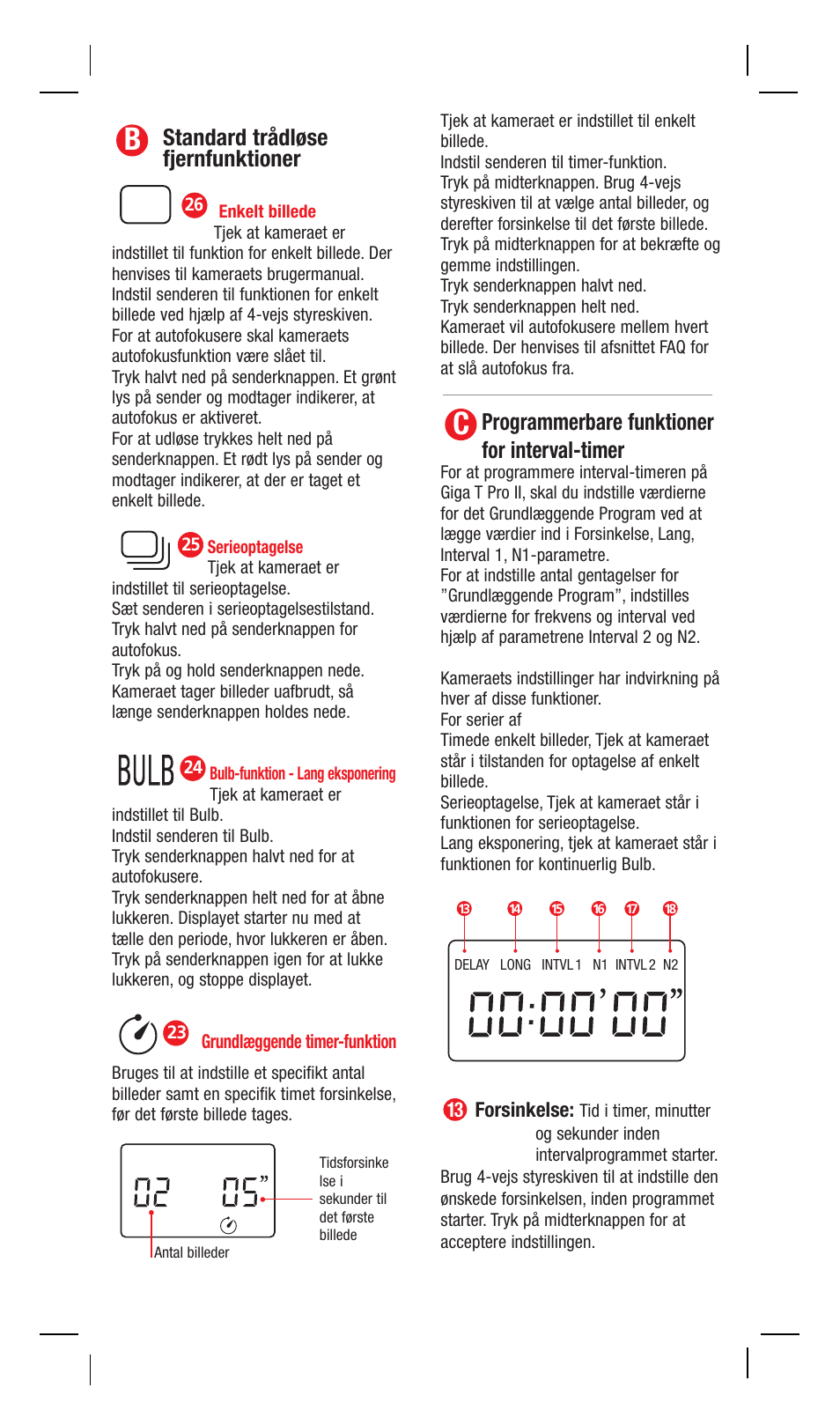 Standard trådløse fjernfunktioner, Programmerbare funktioner for interval-timer | Hahnel Giga T Pro II Wireless Timer Remote User Manual | Page 26 / 42