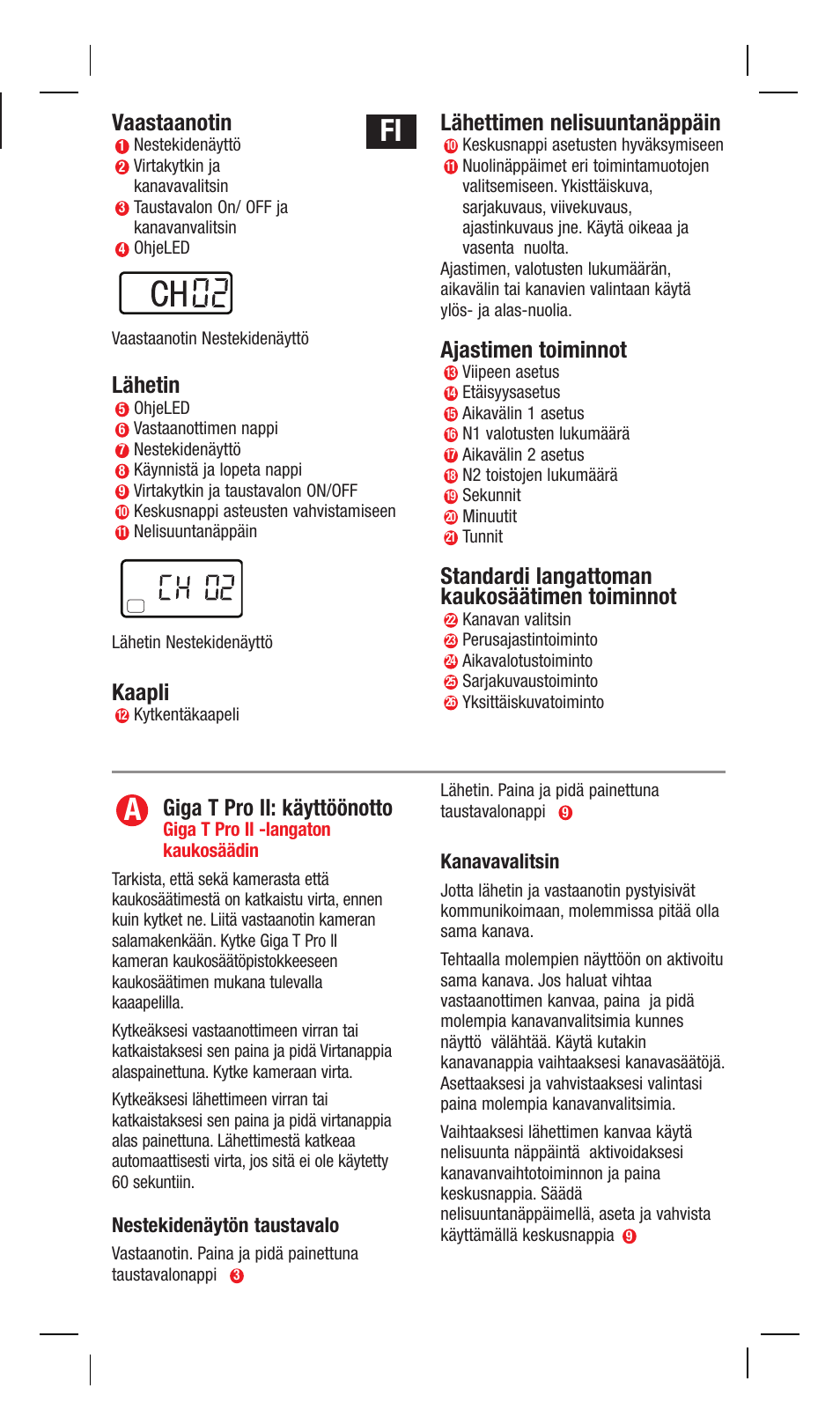 Giga t pro ii: käyttöönotto, Vaastaanotin, Lähetin | Kaapli, Lähettimen nelisuuntanäppäin, Ajastimen toiminnot, Standardi langattoman kaukosäätimen toiminnot | Hahnel Giga T Pro II Wireless Timer Remote User Manual | Page 28 / 42
